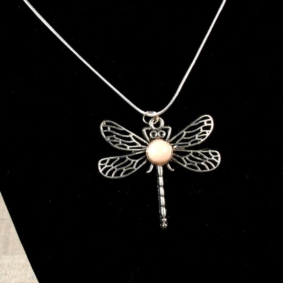 Silver Dragon Fly with White Body Necklace - Picture 2 of 2